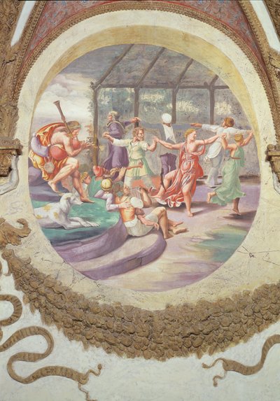 Scene showing that those born under the sign of Aries in conjunction with the constellation of the Goat are imparted with an aptitude for playing the zampogna and an inclination to amorous passions by Giulio Romano